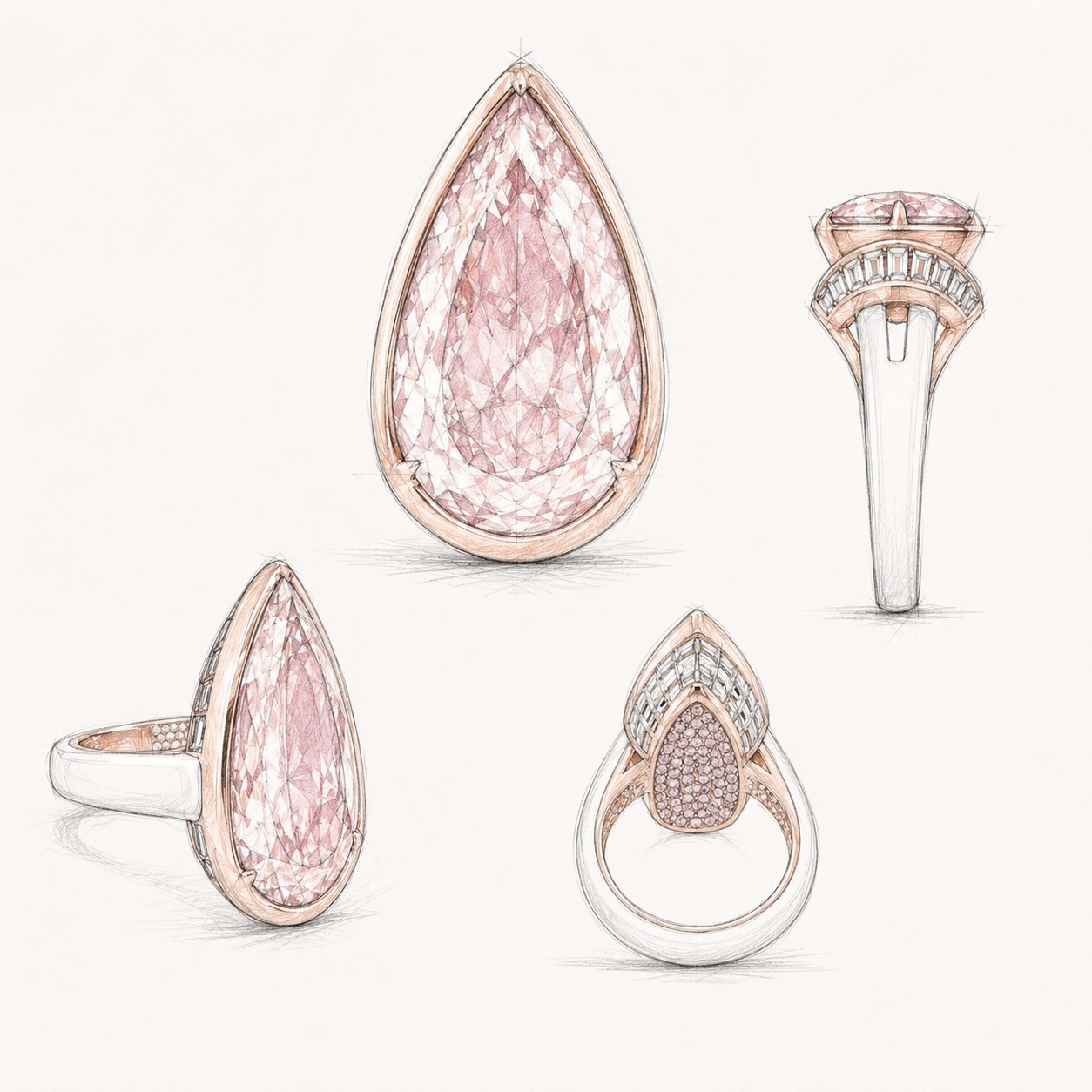 Pink pear ring design sketches